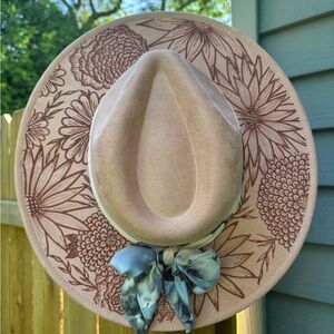 Hand burned wide brim hat